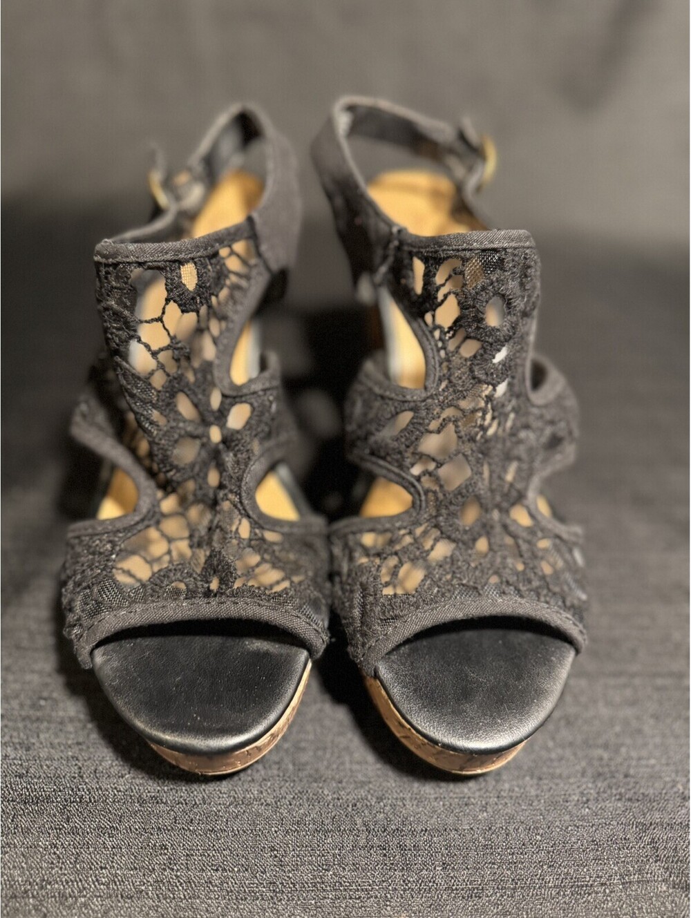 American Eagle by Payless Black Lace Cork Wedge Sandals Women’s 7.5